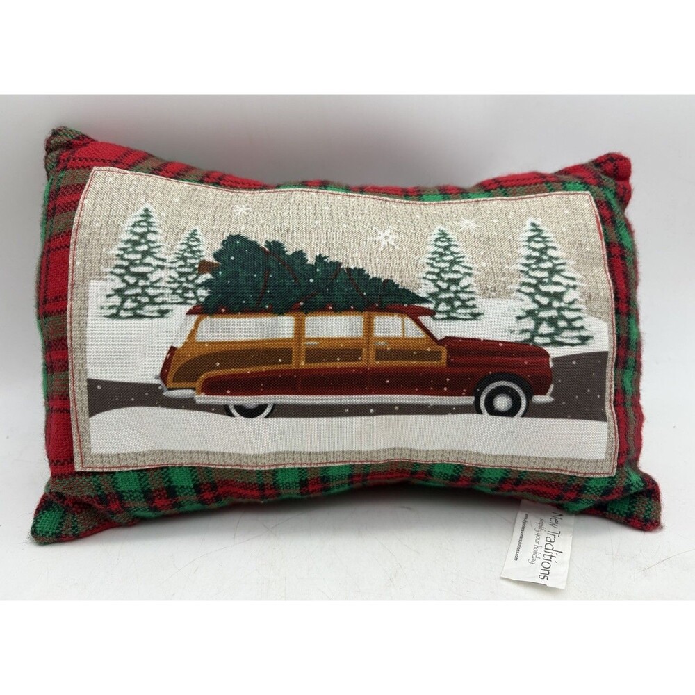 Christmas Wagon Tree Throw Pillow 12x7.5 Plaid Farmhouse Holiday Decor